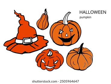 Halloween vector set with pumpkin. Isolated hand drawn collection on the white bakcground.