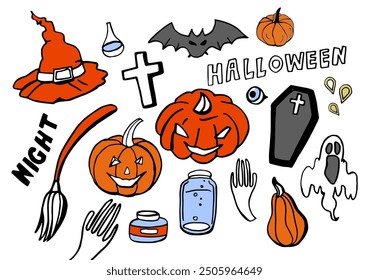 Halloween vector set with pumpkin. Isolated hand drawn collection on the white bakcground.