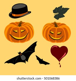 Halloween vector set with pumpkins blood drops and bat