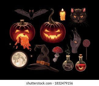 Halloween vector set of pumpkins and magic supplies