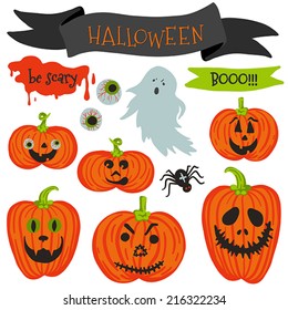 Halloween vector set: pumpkins with scary faces, host, blood, ribbon