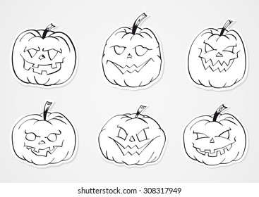 Halloween vector set of pumpkins stickers. Black contours.