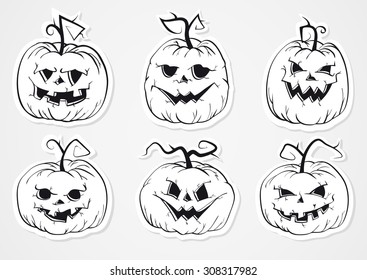 Halloween vector set of pumpkins stickers. Black contours.