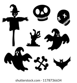 Halloween vector set with silhouette of funny spooky monster