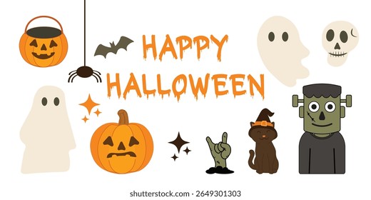 Halloween vector set spooky elements Ghosts, black cat, jack-o’-lantern, pumpkin candy bucket, spider, monster, skull Zombie hand rising from ground Fun cartoon style design Scary text Happy Halloween