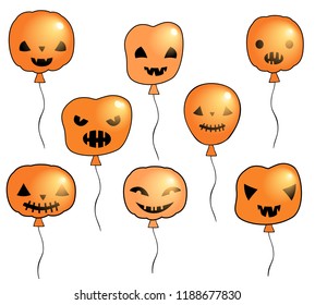Halloween vector set with spooky orange holiday balloons with faces with different expressions
