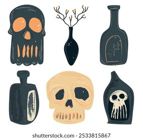 Halloween Vector Set, Spooky Skull, Bottle, Poison, icons and Elements for Halloween Designs