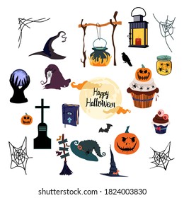 Halloween vector set with tradition symbols.Day of the dead.Night party invitation or greeting card.Spider webs,magic ball,pumpkin,witches hat and cauldron.Full moon and scary night.All Saints Eve