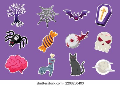 Halloween Vector Set : Tree, web, Spider, candy, eye, skull, brain, hand, cat, moon, bat, coffin
