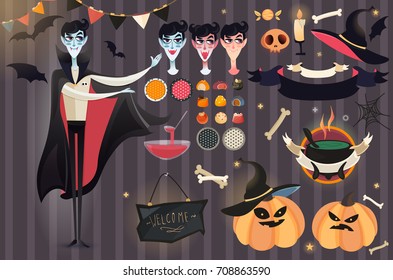Halloween Vector set. Vampire character design. Vector illustration of Count Dracula with different items: bones, skulls, punch, bat, candle, ribbons, halloween patterns, sweets, chalkboard, pumpkin.