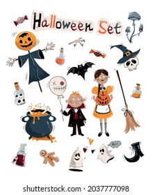 Halloween vector set.Happy halloween illustration. Vector illustrations of witch girl and vampire boy, skull, ghost, pumpkin, bat, potion jar, pumpkin stuffed animal, poisonous mushrooms, witch's shoe