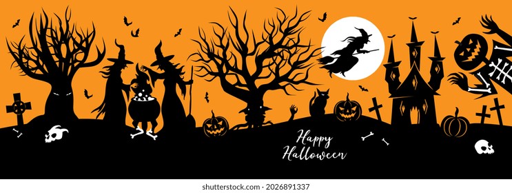 Halloween vector silhouette banner with witches, cauldron, haunted castle and jack o lantern ghost. Creepy landscape with traditional halloween elements, good for web banner, invite, flyer, invitation