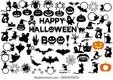 Halloween vector silhouette bundle. Witch, pumpkin, grim reaper, cobweb, spider, black cat, dry scary trees, ghost, Happy Halloween. Halloween cut file