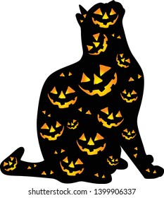 Halloween vector. Silhouette cat with pattern scary faces on black body isolated in white background
