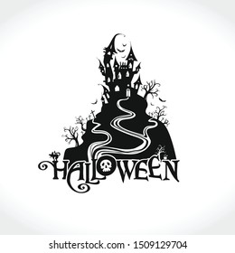 Halloween vector silhouette illustration with a ghost house. Halloween lettering composition for, poster, card, party invitation.