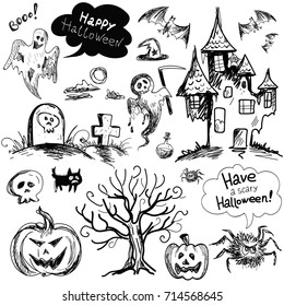 Halloween Vector Sketch. Hand Drawn Style. Pumpkin, Grave, Spider, Cat, Castle Or Old House. Skull,  Poison, Ghost,bat And Tree.