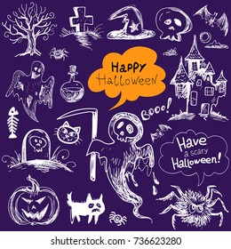 Halloween vector sketch. Hand drawn style. Pumpkin, grave, spider, cat, castle or old house. Skull, poison, ghost,bat and tree.