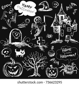 Halloween Vector Sketch. Hand Drawn Style. Pumpkin, Grave, Spider, Cat, Castle Or Old House. Skull, Poison, Ghost,bat And Tree.