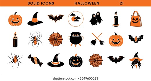 Halloween vector solid icons set. Coloured Halloween icons featuring bats pumpkins spiders witches and ghosts