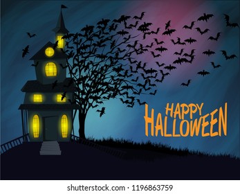 Halloween Vector Spooky Background with Pumpkin, Tree, Moon, Haunted House, tombstone and Bats
