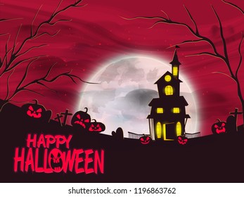 Halloween Vector Spooky Background with Pumpkin, Tree, Moon, Haunted House, tombstone and Bats
