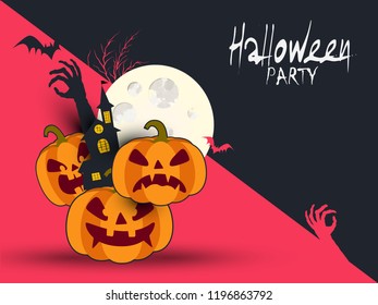 Halloween Vector Spooky Background with Pumpkin, Tree, Moon, Haunted House, tombstone and Bats
