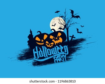 Halloween Vector Spooky Background with Pumpkin, Tree, Moon, Haunted House, tombstone and Bats
