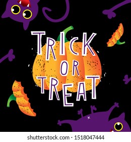 Halloween vector square illustration. Hand drawn orange pumpkin, cute violet cat cartoon character and lettering quote on black background. Holiday greeting card, banner, poster, social media template