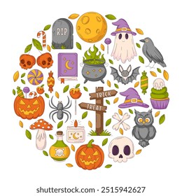Halloween vector square poster, round shape geometric composition with spooky, scary icons collection. Colorful holiday october flat illustration for greeting card, invitation, print, social media