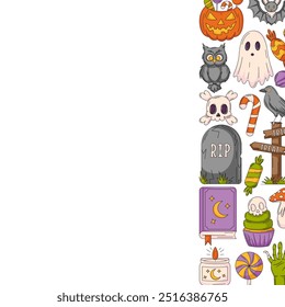 Halloween vector square poster, space for text. Right side frame with spooky, scary colorful icons from pumpkin, ghost, spell book, bat. For card, banner, invitation, social media, party or note