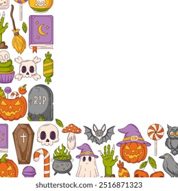 Halloween vector square poster, space for text. Corner frame with spooky colorful icons from pumpkin, ghost, skull and bones, bat. For card, banner, invitation, social media, party or note