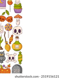 Halloween vector square poster, space for text. Left side frame with spooky, scary colorful icons from pumpkin, skull and bones, broomstick. For card, banner, invitation, social media, party or note