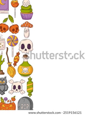 Halloween vector square poster, space for text. Left side frame with spooky, scary colorful icons from pumpkin, skull and bones, broomstick. For card, banner, invitation, social media, party or note