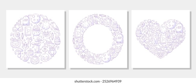 Halloween vector square posters set from round, heart shape, circle frame with space for text. Purple spooky and scary elements. Flat illustration for greeting card, invitation, postcard, print