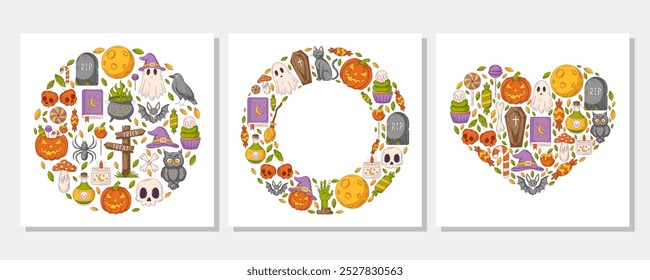 Halloween vector square posters set from round, heart shape, circle frame with space for text. Colorful spooky and scary elements. Flat illustration for greeting card, invitation, postcard, print