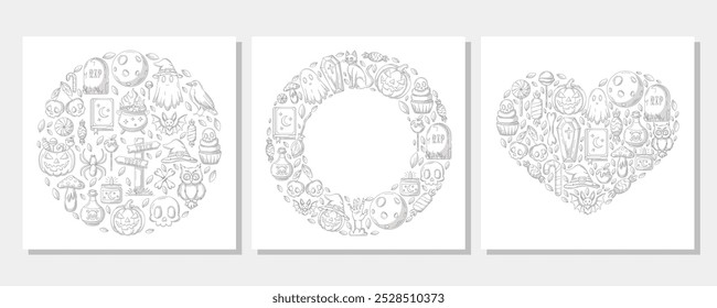 Halloween vector square posters set from round, heart shape, circle frame with space for text. Monochrome spooky and scary elements. Flat illustration for greeting card, invitation, postcard, print