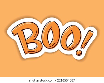Halloween vector sticker Boo! Hand drawn Halloween lettering sign isolated on dark. Doodle for logo, poster, emblem, greeting card. Cartoon style