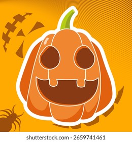 Halloween vector sticker featuring a pumpkin with a carved face on Halloween, isolated on an orange background