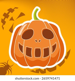 Etiqueta engomada del Vector de Halloween con una calabaza con una cara tallada en Halloween, aislado en un fondo naranja