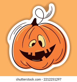 Halloween vector sticker. One line hand drawn Halloween emoticon pumpkin. Jack o Lantern. Funny face isolated on white, cute pumpkins. Doodle for logo, poster, emblem. Cartoon style