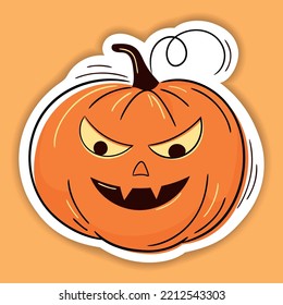 Halloween vector sticker. One line hand drawn Halloween emoticon pumpkin. Jack o Lantern. Funny face isolated on white, cute pumpkins. Doodle for logo, poster, emblem. Cartoon style