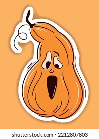 Halloween vector sticker. One line hand drawn Halloween emoticon pumpkin. Jack o Lantern. Funny face isolated on white, cute pumpkins. Doodle for logo, poster, emblem. Cartoon style
