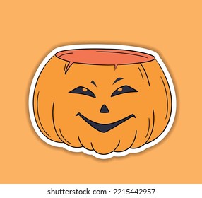 Halloween vector sticker. One line hand drawn Halloween emoticon pumpkin. Jack o Lantern. Funny face isolated on white, cute pumpkins. Doodle for logo, poster, emblem. Cartoon style