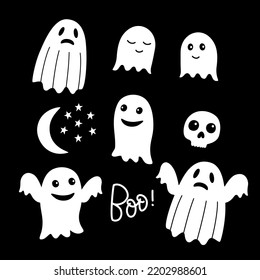 Halloween vector sticker pack with ghosts, skull and moon