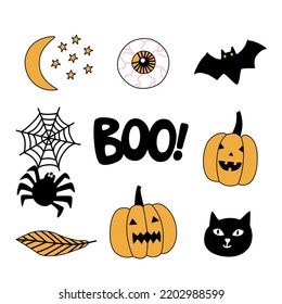 Halloween vector sticker pack with pumpkins, bat and spider 
