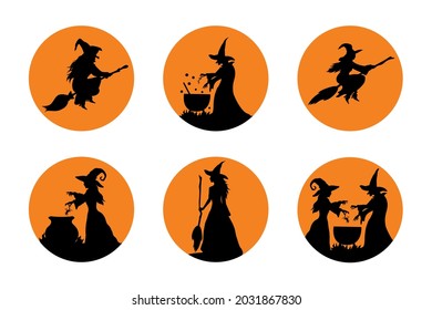 Halloween vector sticker set with witches. Decoration for Halloween party.