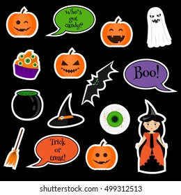 Halloween vector stickers, patches, badges. Traditional symbols pumpkin, ghost, bat, witch and other. Design elements for applications, children stickers, patches, badges, scrapbooking