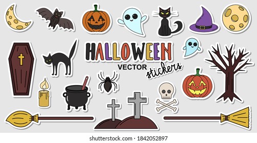 Halloween vector stickers set. Colorful holiday pictograms collection. Halloween hand drawn text. Big set of 31 of October elements