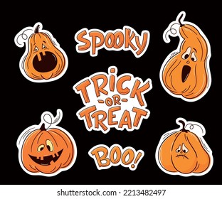 Halloween vector stickers set. One line hand drawn Halloween emoticon pumpkins and hand lettering sign. Jack o Lantern. Funny faces, cute pumpkins. Doodles for logo, poster, emblem. Cartoon style