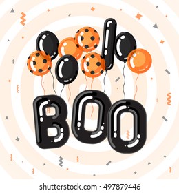 Halloween vector template with balloons in the form of inscriptions Boo. Orange, black and purple balloons. Background with confetti